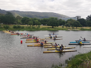 Paddlers line up at the start of the race.