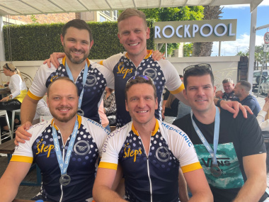 Tygerberg Hospital Orthopaedic Surgeons,  Johan le Roux, Renier Kriel, Tino-Vito Orlandi, Hendrik van Zyl and Donnavan Foxcroft enjoying a well-deserved drink after the Cape Town Cycle Tour 2022.