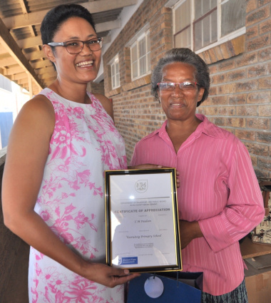 Road safety officer Lizel Plaatjies and Ms Maud Paulsen.