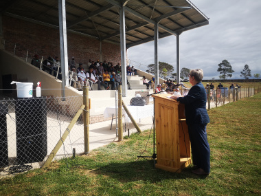 Minister Anroux Marais delivers the keynote address at the Slangrivier Stadium opening.