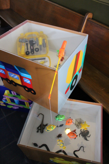 Some of the components of the exhibition include toy boxes