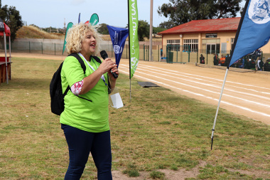 Speaker of Saldanha Bay Municipality, Olwene Daniels, braces herself against the wind to declare the BTG games open