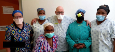 Back row: Sr Kotze, staff nurse Shabalala, Dr Stempels, Nolusindiso Mfumbata (patient) and nurse Tini.  Front: Sr Z Mnyaka-Baby.