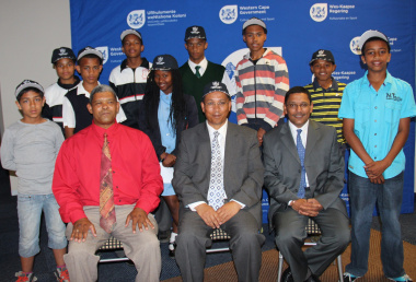 The learners with representatives from the Department of Cultural Affairs and Sport and the Western Cape Sport School.