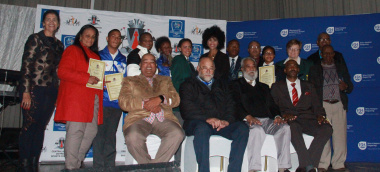 The winners from the evening with David Maans form the Central Karoo Sport Council, Mayor Japie van der Linde and Henry Paulse from DCAS