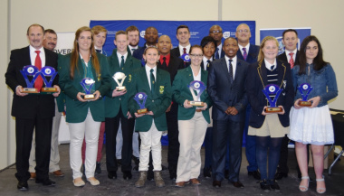 The winners of the Overberg Sport Awards with Deputy Mayor Isaac Sileku, Dr Lyndon Bouah from DCAS, JP Naude from WCPSC and Member of WCPP Theo Olivier.
