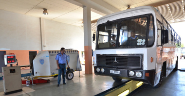 Traffic officers inspect a bus at the Breede River traffic testing centre.
