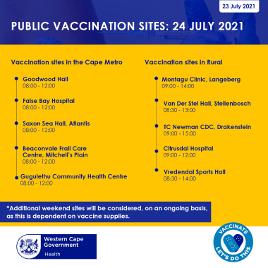 Saturday 24 July Vaccination Sites