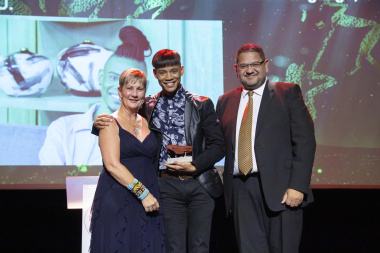Winner Kirvan Fortuin with Minister Anroux Marais and HOD Brent Walters at the Cultural Affairs Awards at the Artscape