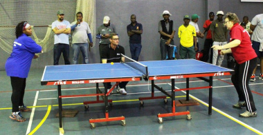 Wuma Tshona (Department of Health) and Marlene Swanepoel (DCAS) during an intense table tennis match.
