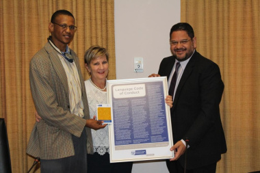 Xolisa Tshongolo, Minister Anroux Marais and HOD, Brent Walters during the launch of the booklet