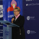 Minister Anroux Marais delivers the keynote address at the cheque handover ceremony. 