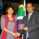 Ms Ronel Beukes (Department of Education) and Dr Ivan Meyer at the National Anthem CD handover ceremony.