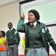 Wandisile Katise of Nomzamo High School leads a dramatic project presentation. 