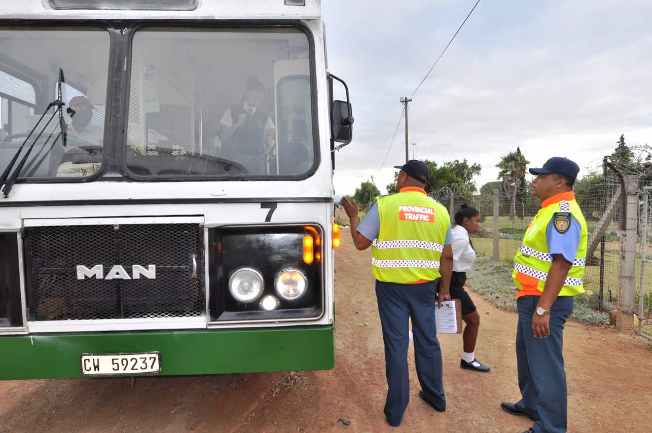 Traffic officers inspect a learner transport vehicle in Worcester.