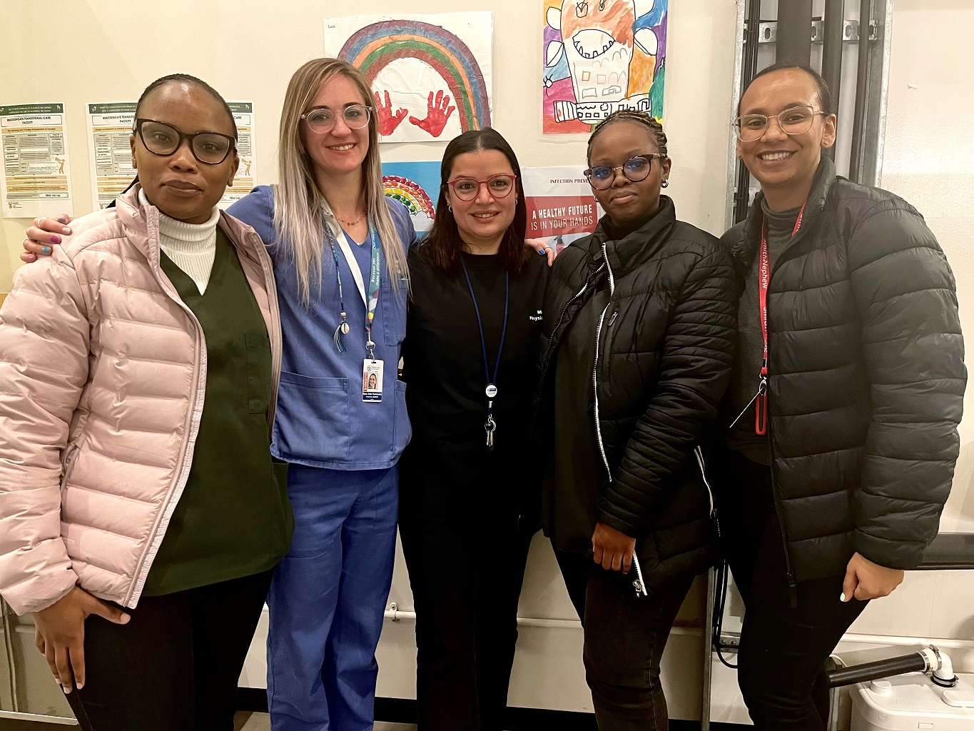 Some members of Brackengate’s transitional care team, from left to right: dietician Nokwando Mbambo, speech therapist Alicia Toumilovitch, physiotherapist Mariam Parker, social worker Lilitha Mtambeka and medical officer Dr Randy Fakier. 